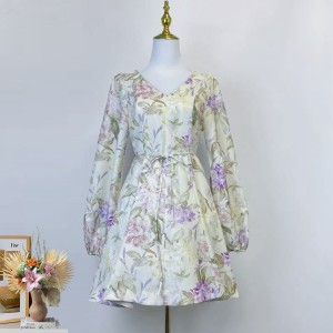 Real time spot Australian autumn new linen V-neck pink lily pattern wide swing dress INS short skirt with belt