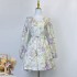 Real time spot Australian autumn new linen V-neck pink lily pattern wide swing dress INS short skirt with belt