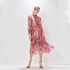 Real time shooting of spring and summer new chiffon flowing dress with patchwork stand up collar printed vacation style mid length skirt+suspender