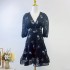 Real time spot Australian niche retro high waisted V-neck printed heavy-duty pleated bubble sleeve dress short skirt