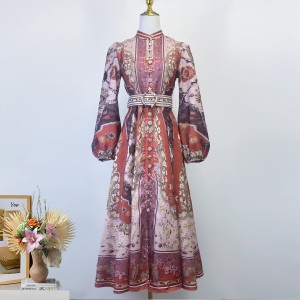 Real shot spot design with retro printed single breasted exquisite high-end dress with waist cinching and waist belt, mid length skirt for women