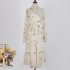 Real shot spot design, star style, same temperament, cotton and linen printed three-dimensional flower tie lantern sleeve long dress