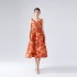 Real shot Australian design camisole dress with orange print for women, waist cinched and backless, trendy vacation style dress