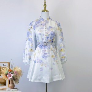 Real time stock of 2025 spring and summer new RTW violet flower pattern single breasted buckle with belt fashionable dress