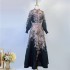 Real shot Australian autumn new style original fabric black silk and linen top+high waisted pleated skirt set