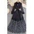 Spring and Autumn light mature style retro temperament long sleeved stand up collar cinched waist slimming A-line polka dot dress elegant large swing long skirt