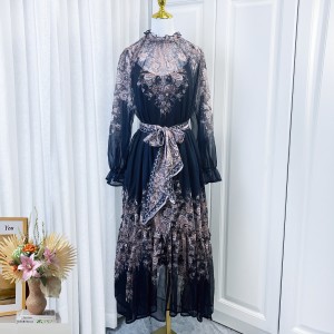 Real time spot light luxury retro printed long sleeved scarf lace up dress with perspective flower cashew print skirt+suspender