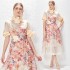 Real time spot Australian design positioning printed flower heavy industry lace up retro dress+suspender two-piece set