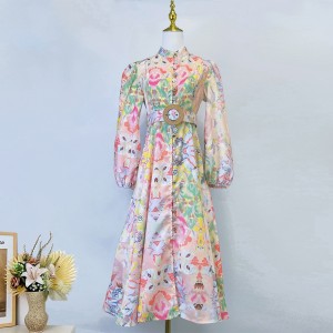 Real time spot Australian new printed buckle single breasted stand up collar lantern sleeve mid length dress with pockets