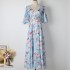 Real time shooting of spring and summer new items, pink flower print, vacation style temperament, bubble sleeves, waist cinching with belt, long skirt for women