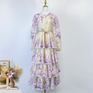 Real time spot Australian autumn new retro floral pattern lace edge multi-layer design mid to long high-end dress