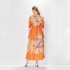 Real shot spot Australian orange flower print stand up collar elastic bubble sleeve dress long skirt lace up pocket skirt