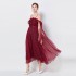 Real time shooting of celebrity's same style one neck lace up waist cinching big swing super fairy red printed strapless dress, long skirt