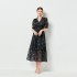 Real shot spot internet celebrity with the same black floral V-neck patchwork lace dress, waist cinching short sleeved new mid length skirt