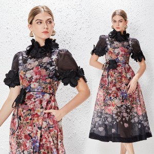 Real time spot Australian design positioning printed flower heavy industry lace up retro dress+suspender two-piece set