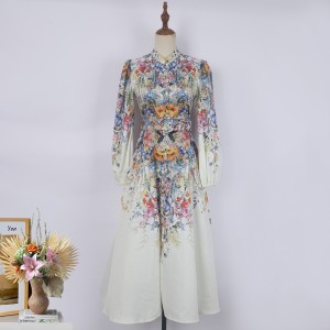 Real shot of elegant and romantic floral print dress with stand up collar, single breasted buttons, large swing, cotton and linen, exquisite button up skirt in stock