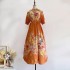 Real shot spot Australian orange flower print stand up collar elastic bubble sleeve dress long skirt lace up pocket skirt