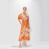 Real shot spot Australian orange flower print stand up collar elastic bubble sleeve dress long skirt lace up pocket skirt