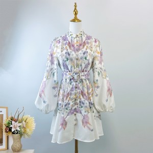 New stand up collar long sleeved waist cinching large floral decoration single breasted positioning printed dress short skirt with waist belt and pocket