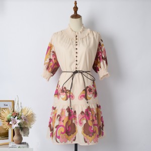 Real shot spot stand up collar single breasted print Australian new bubble sleeve elastic loose lace up dress+suspender