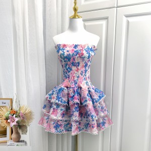 Real shot spot 3-color European niche heavy industry multi-layer ruffle edge lace embroidery elastic strapless dress short skirt