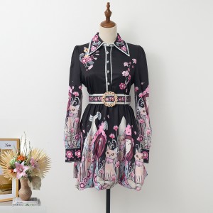 Real shot spot positioning cartoon print lapel diamond buckle single breasted dress temperament cinched waist flower bud skirt with belt