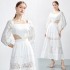 Real time shooting of European and American fashion with exposed waist design, square collar, cotton and linen patchwork lace lace dress, large swing long skirt