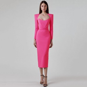 2023 New Spring and Autumn Style Bandage Skirt Square Neck Bull Horn Shoulder Pads Long Sleeve Elastic Slimming Elegant Dress