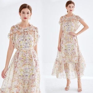 Real shot spot fungus lace stand up collar two-piece dress with flowing chiffon sleeveless midi skirt and printed suspender