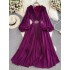 Seaside vacation photoshoot lantern long sleeved V-neck cinched waist slimming A-line chiffon pleated dress elegant large swing long skirt