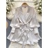 Wearing a high-end satin dress for women 2024 new spring outfit with French bubble sleeves and one-piece wrap around skirt