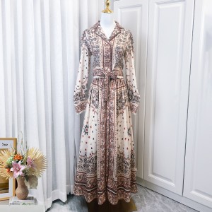 Real time shooting of niche women's clothing, classic printed single breasted lace up top, shirt+long skirt set, two-piece set