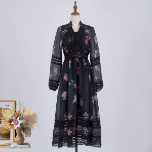 Real time spot Australian design new black printed patchwork lace lace high-end big swing temperament dress