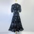 Real time spot Australian niche autumn new item with bubble sleeves, pleated print, high waist V-neck dress, mid length skirt