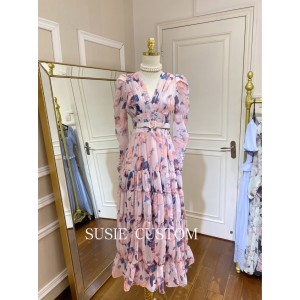 Original style customized retro printed pleated V-neck bubble sleeve waist cinched A-line large swing long skirt dress with belt