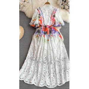 Retro court style bubble short sleeved stand up collar slimming A-line water-soluble hook flower hollow lace dress dress