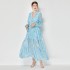 Real shot spot Van Gogh's starry sky V-neck diamond button chiffon dress with ruffled edges, vacation style long skirt, blue dress