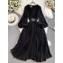 Seaside vacation photoshoot lantern long sleeved V-neck cinched waist slimming A-line chiffon pleated dress elegant large swing long skirt