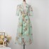 Real time spot Australian vacation style fashionable spring and summer new item green printed single breasted waist belt dress