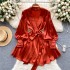 Wearing a high-end satin dress for women 2024 new spring outfit with French bubble sleeves and one-piece wrap around skirt