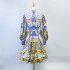 Real shot spot early autumn goddess style V-neck breasted printed ruffle edge dress, internet famous light luxury short skirt