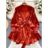 Wearing a high-end satin dress for women 2024 new spring outfit with French bubble sleeves and one-piece wrap around skirt