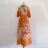 Real shot spot Australian orange flower print stand up collar elastic bubble sleeve dress long skirt lace up pocket skirt