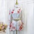 Real shooting spot Australian light luxury vacation style flower print fungus lace loose shirt+wide leg shorts set