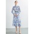 Real shooting spot temperament women's cotton single breasted loose shirt print+high waisted skirt with belt set