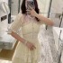 2023 summer new French niche dress retro temperament V-neck lace patchwork high waisted pleated long skirt small dress