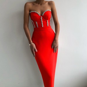 Foreign trade new solid color temperament strapless bandage dress European and American sexy diamond studded party dress dress