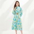 Real shooting spot design sense early autumn new long sleeved single breasted printed cotton and linen dress with pocket and belt skirt