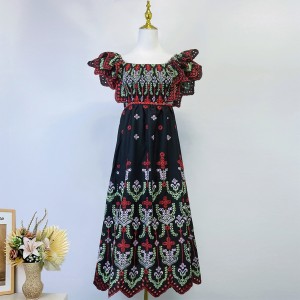 Real shot of high-end and niche heavy-duty embroidery with ruffle edge splicing, elastic high waisted mid length dress in stock