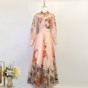 Real time spot Australian autumn new printed lapel lantern sleeve shirt+high waisted long skirt set with pockets